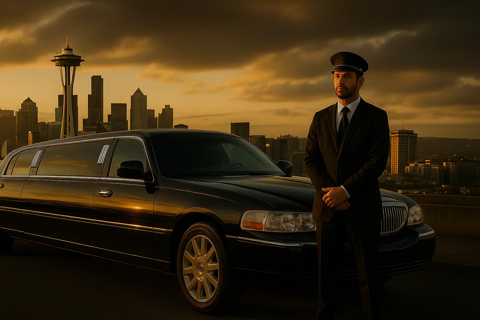 Luxury limousine service in Seattle skyline background