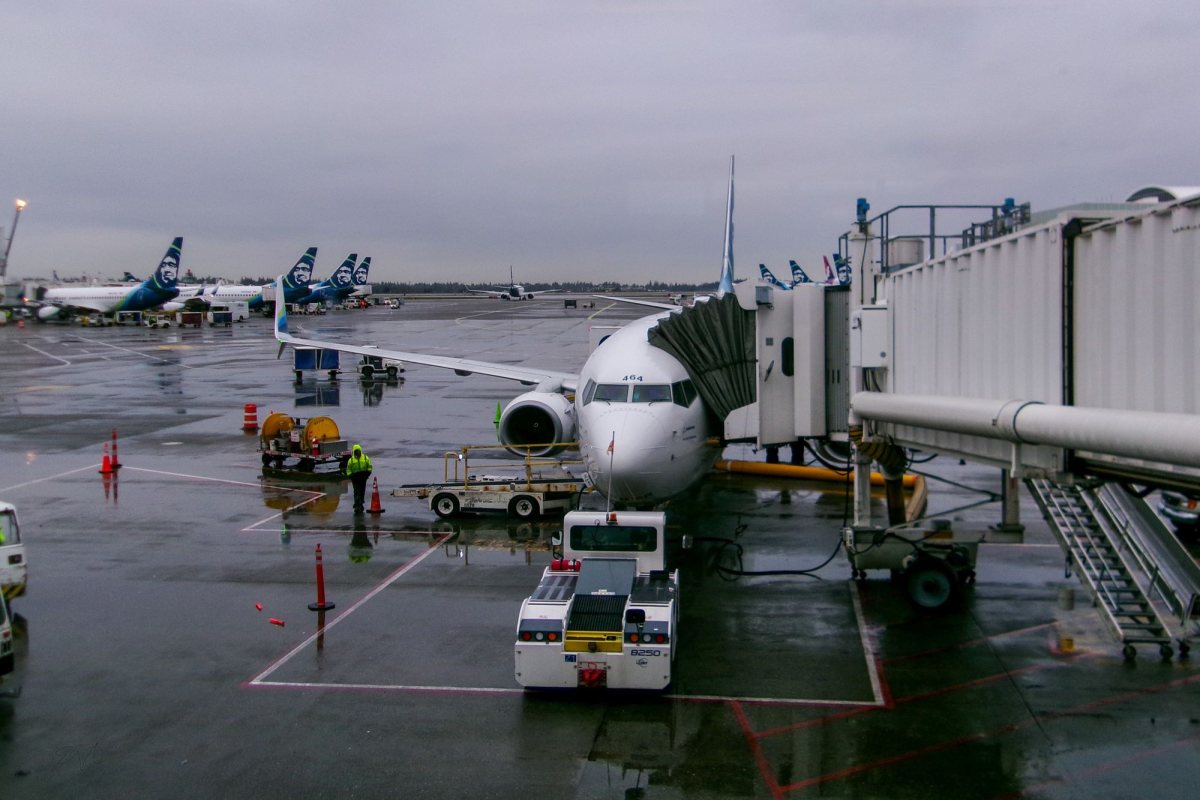 Alaska Airlines jet at a gate at Seattle–Tacoma International Airport on a rainy day
